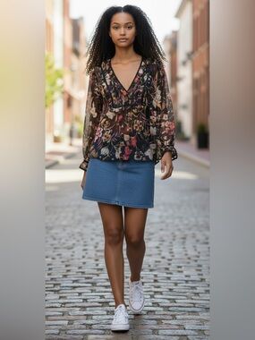 Johnny Was Jade Black Sheer Floral V-Neck Silk Blouse with Red and Gold Accents